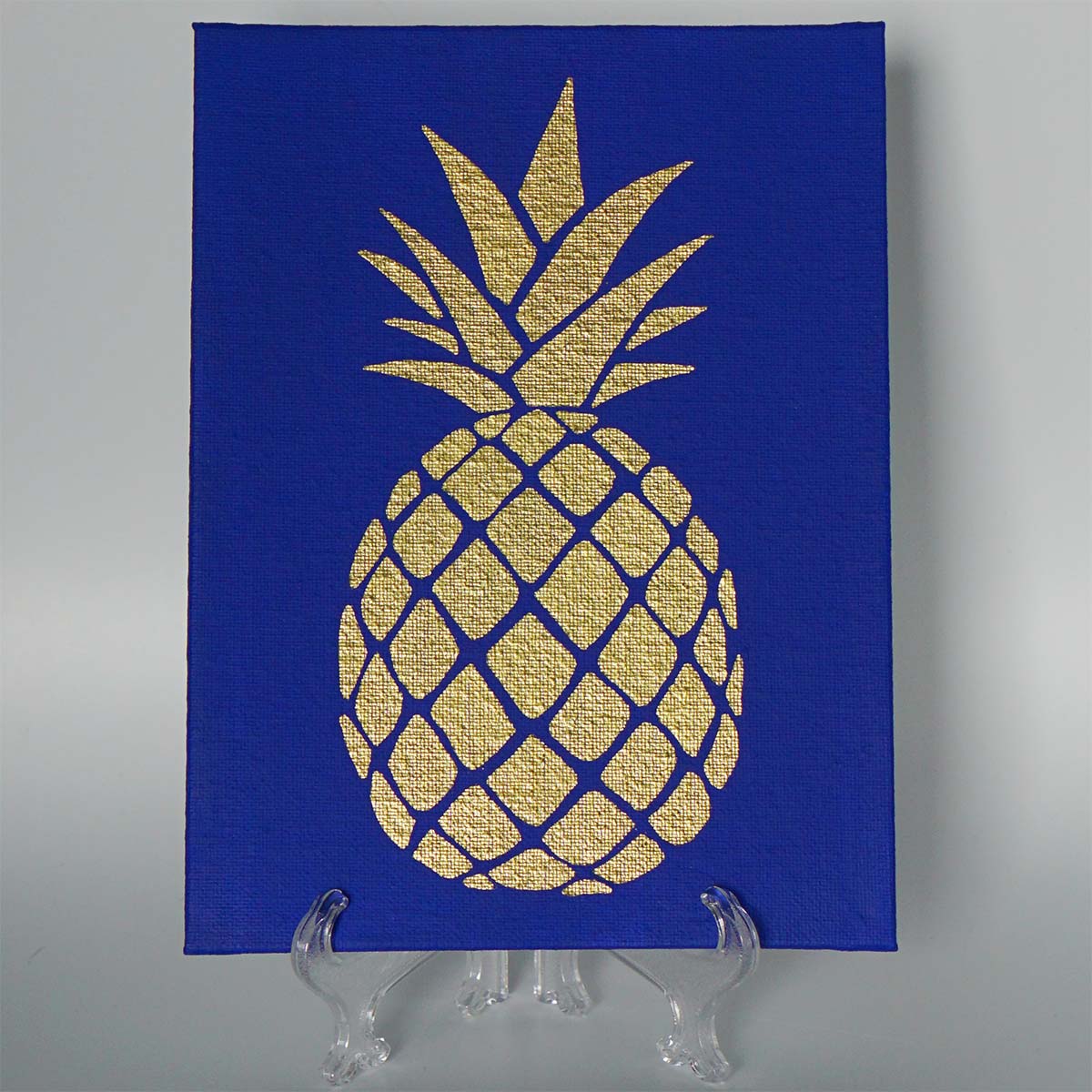 Gold Pineapple on Blue Canvas