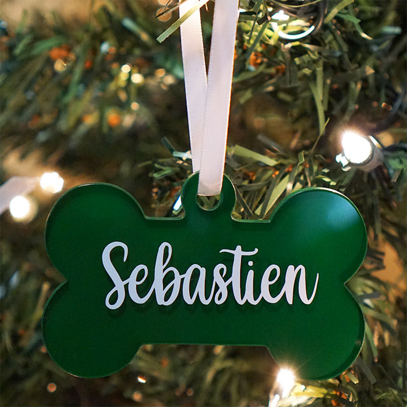 Image of bone-shaped ornament hanging by a ribbon on a tree